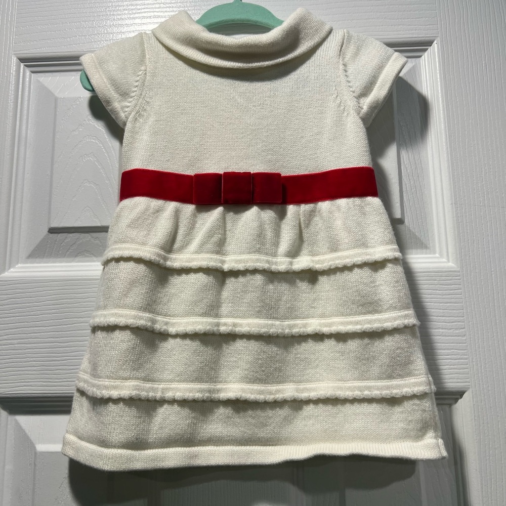 Janie and Jack, Size 3-6M, Charming White Sweater Dress with Red Bow